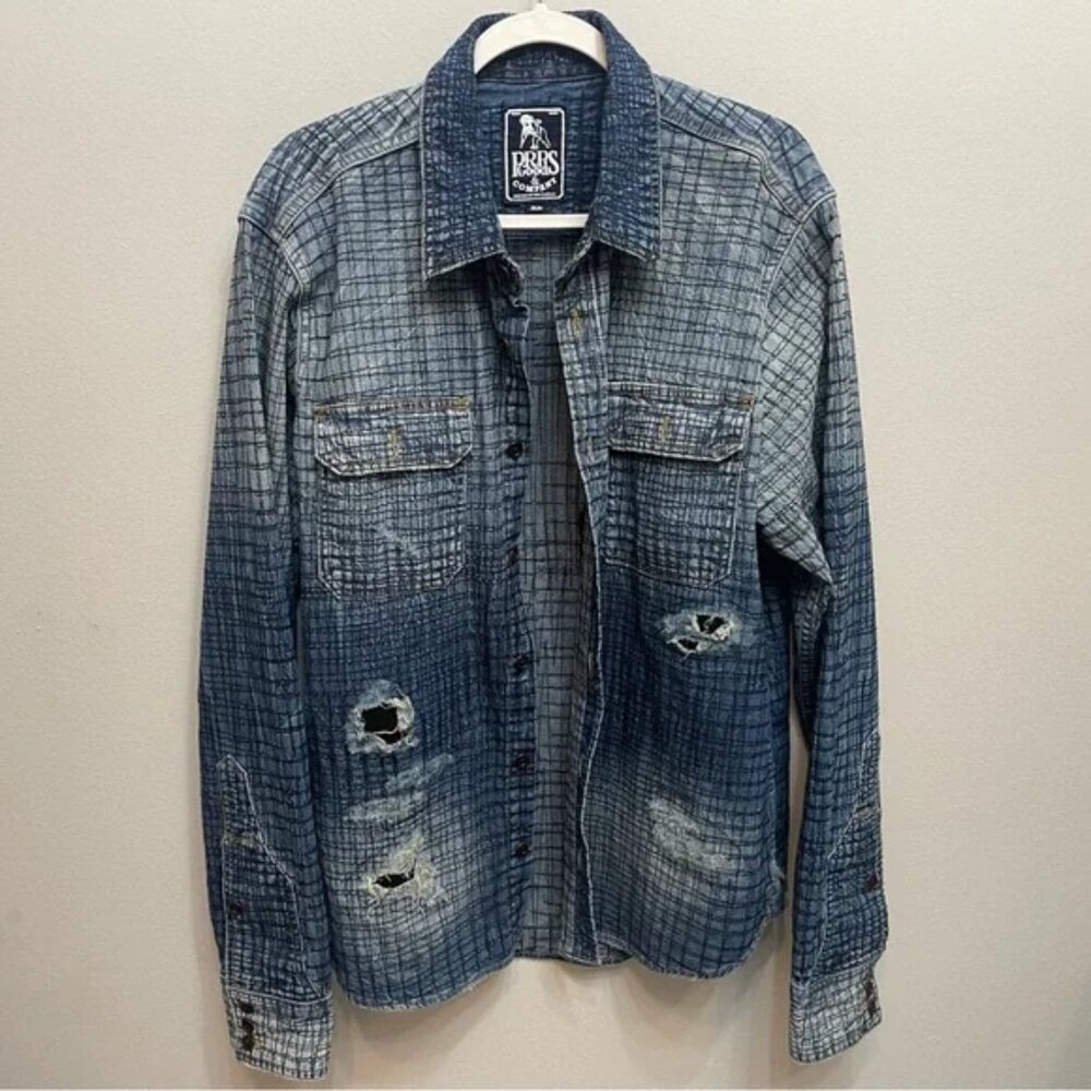 Men’s PRPS Blue Denim Black Stitch 100% Cotton Button Down Shirt